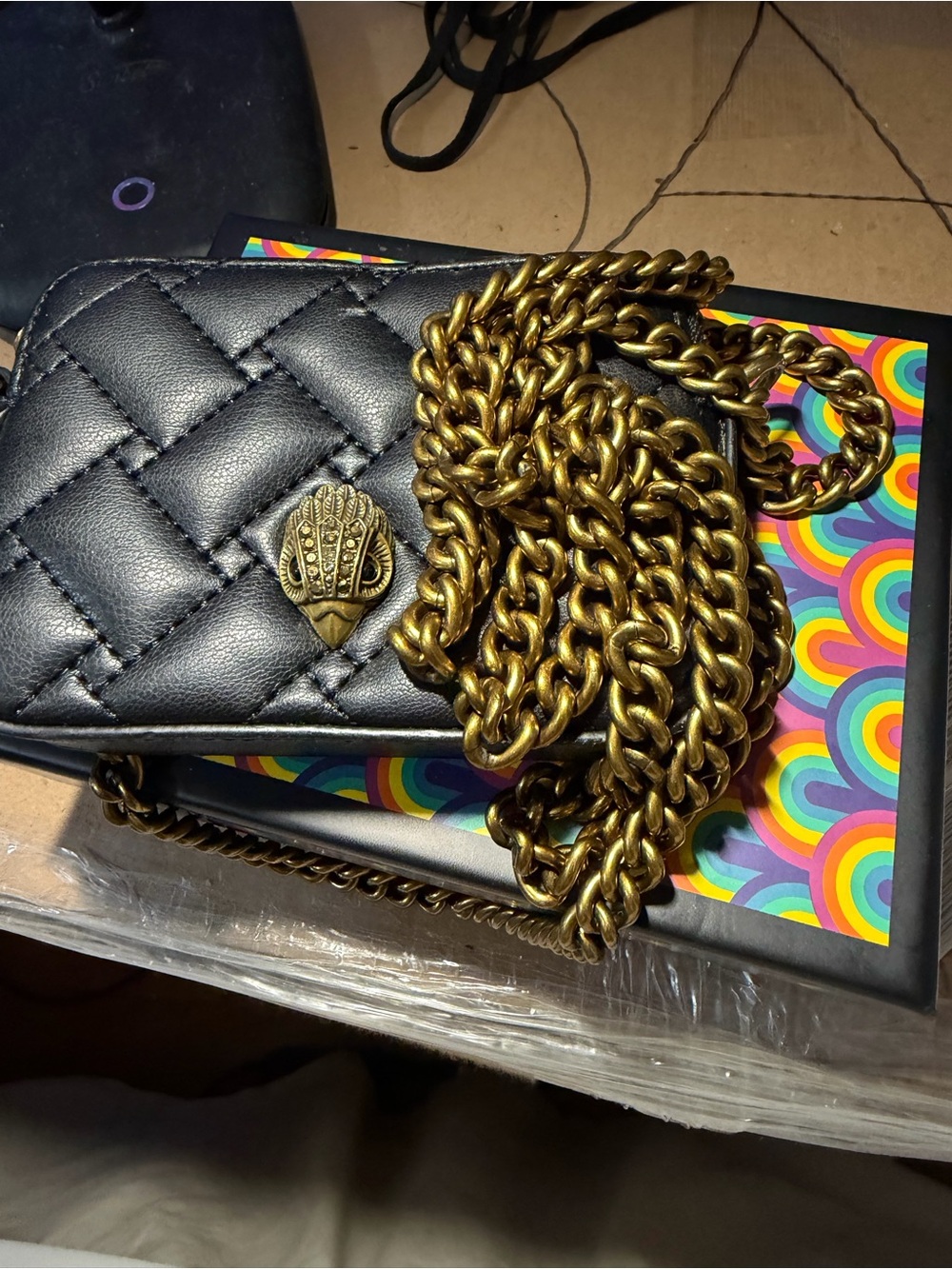 Kurt Geiger Black Quilted Leather Crossbody with Brass ChainAUTHENTIC‼️